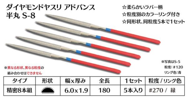 画像1: ダイヤモンドヤスリ アドバンス　S-8半丸  #270　（5本セット） (1)